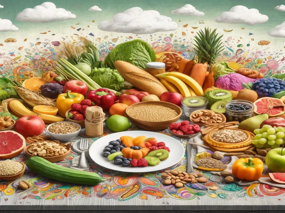 A balanced healthy plate featuring fresh colorful vegetables, sliced carrots, leafy greens, fish, and whole grains
