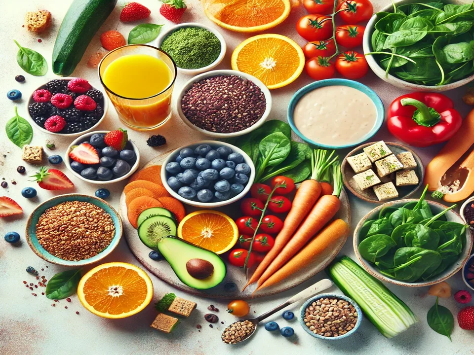 Vibrant assortment of fresh bell peppers, citrus fruits, tomatoes, and vegetables arranged on a kitchen counter