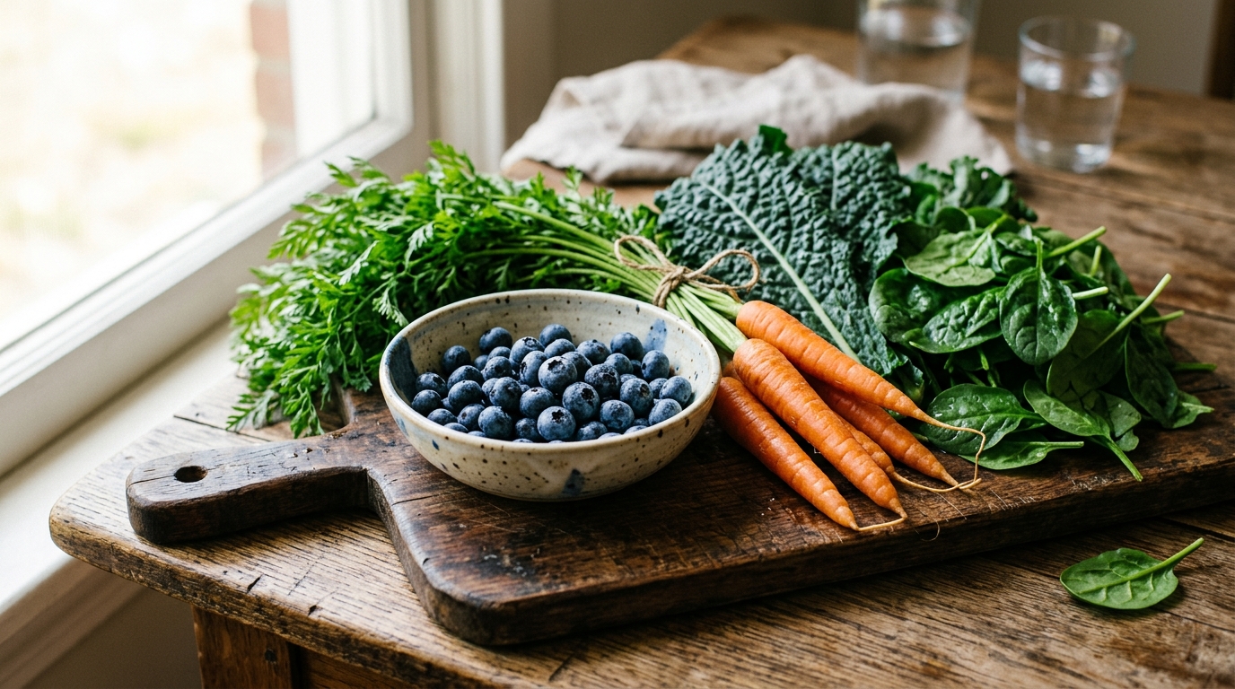 Fresh organic blueberries in a bowl alongside vibrant carrots and dark leafy spinach on a rustic wooden board