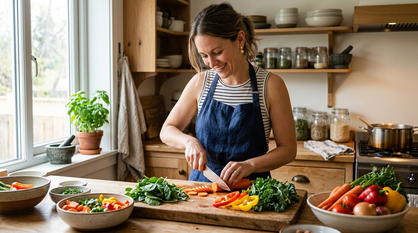 Fresh sliced carrots and bell peppers being prepared on a kitchen cutting board